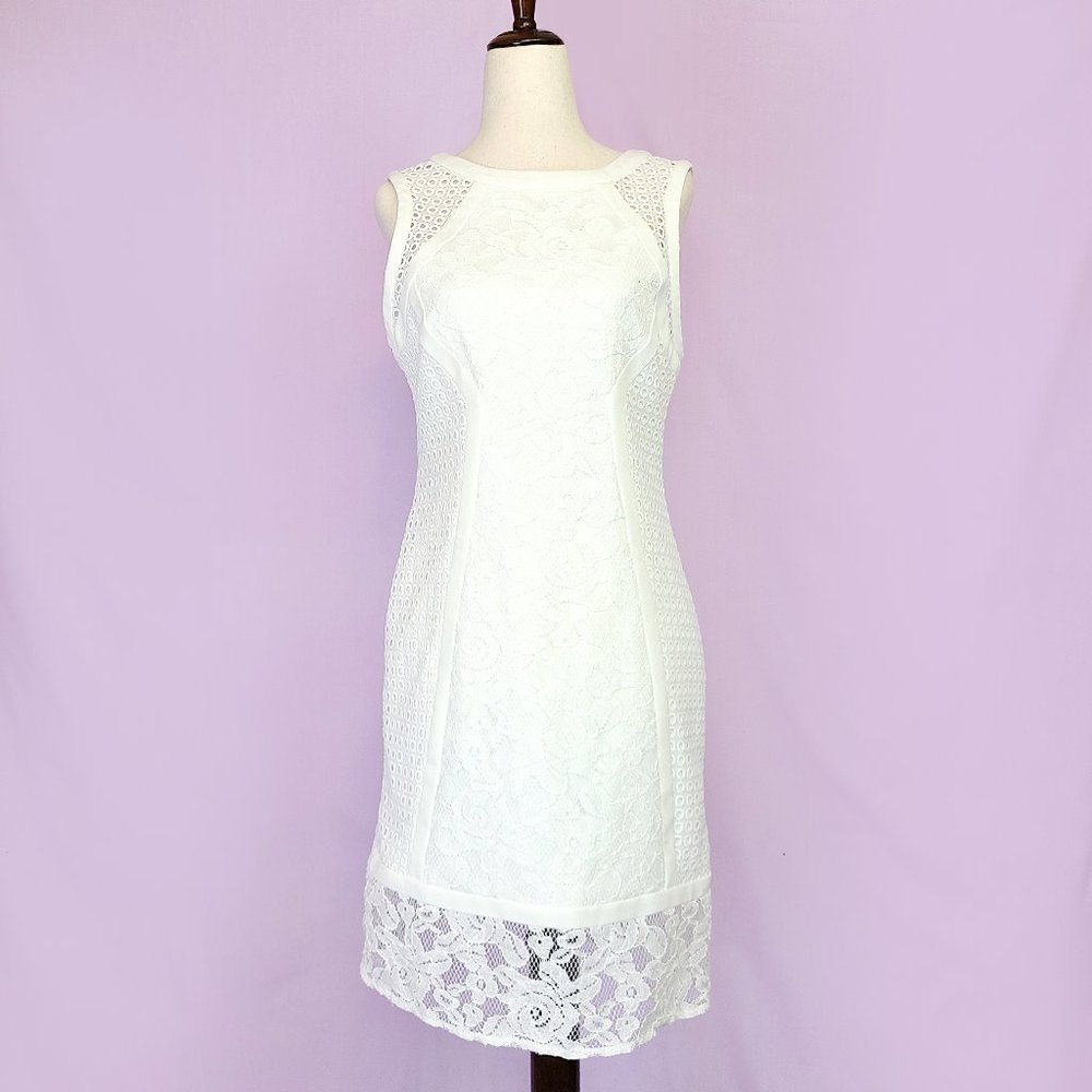 RSVP white cocktail sheath dress with lace and eyelet details